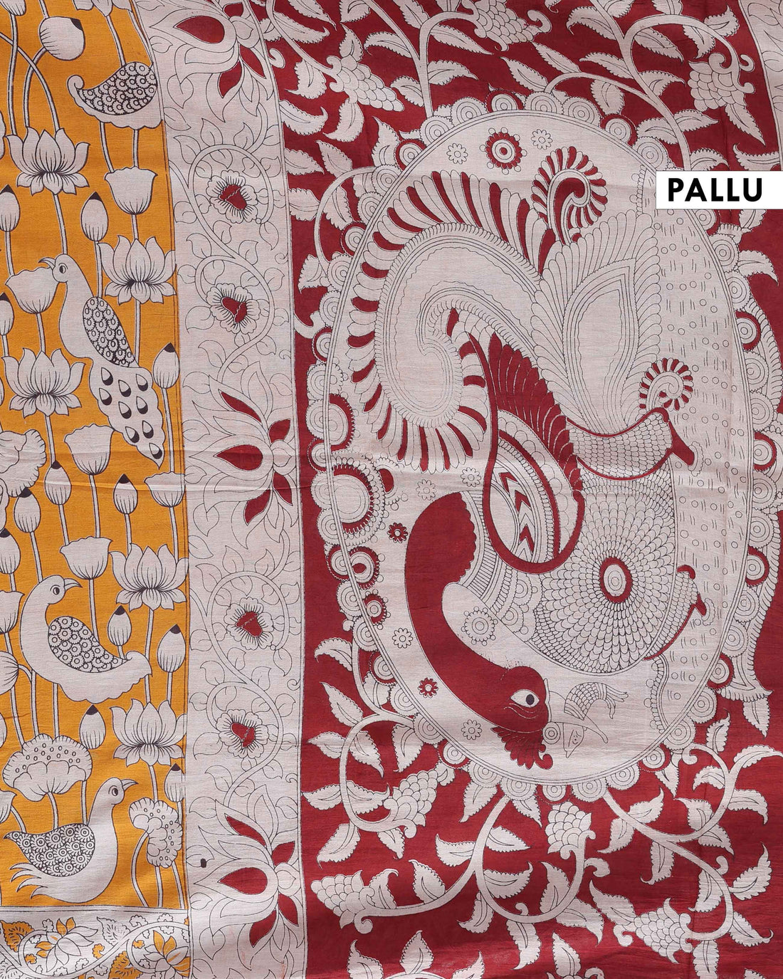 Traditional Handloom Kalamkari Cotton Saree with Avian & Lotus Motifs - Yellow