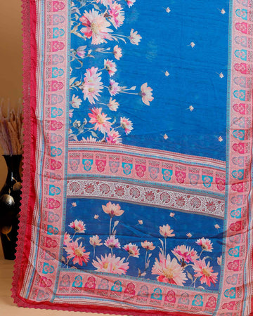 Stylish Georgette Saree with Bold Floral Prints and Traditional Patterned Border - Blue
