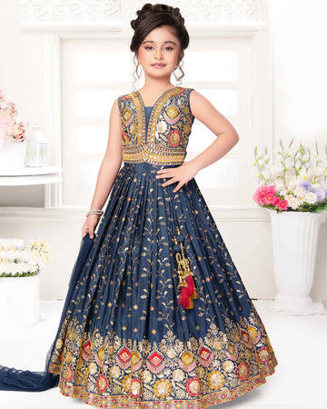 Girl's Embroidered & Sequined Lehenga Choli Set with Flared Skirt and Embellished Blouse - Grey