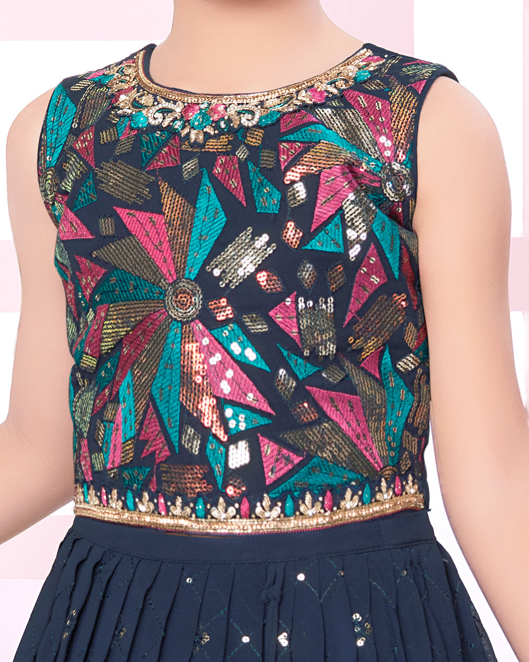 Girls Readymade Georgette Lehenga Choli with Sequin Work - Navy Blue