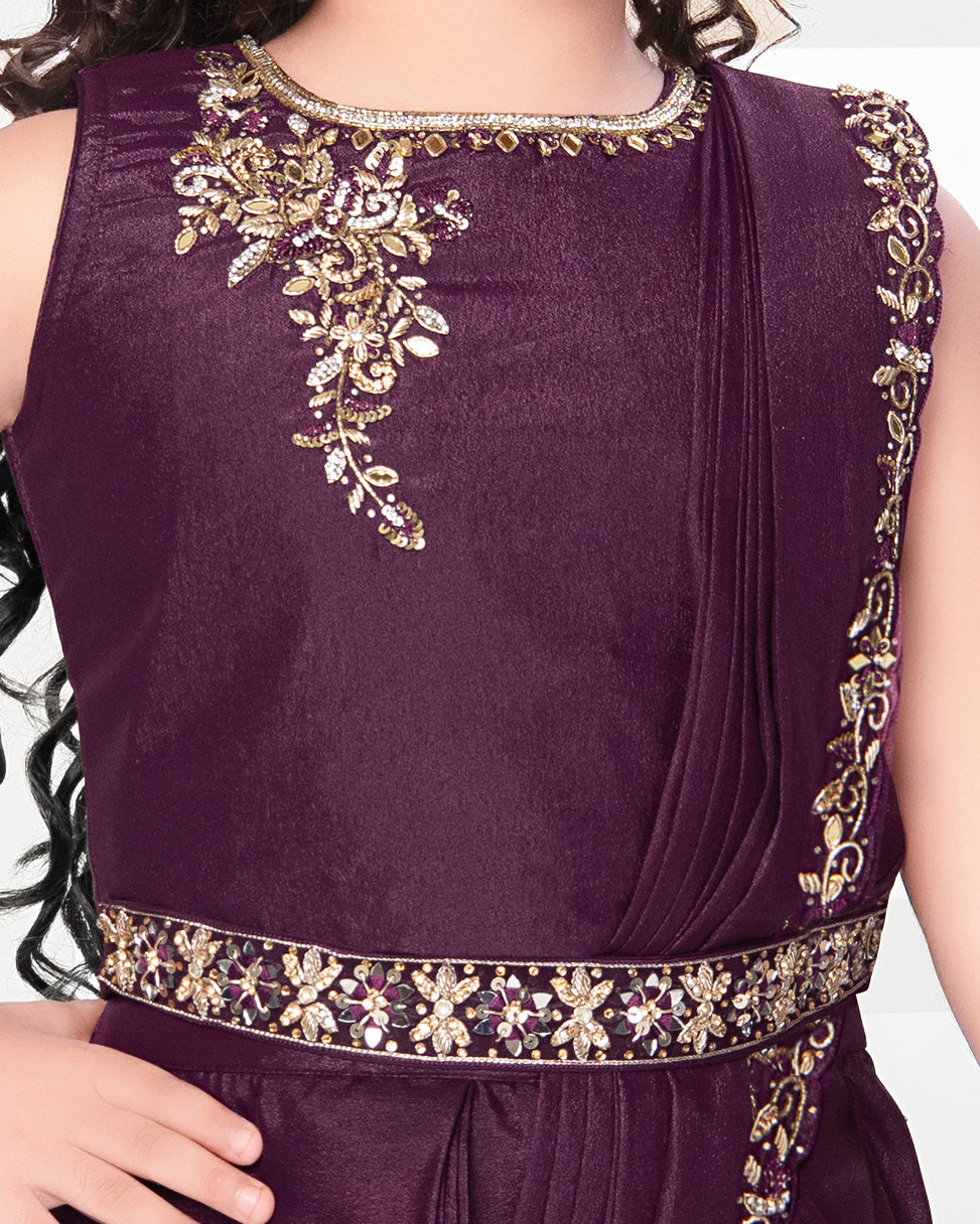 Girls' Readymade Embroidered Sleeveless Lehenga Choli with Belt and Draped Skirt  -Purple