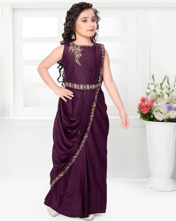 Girls' Readymade Embroidered Sleeveless Lehenga Choli with Belt and Draped Skirt  -Purple