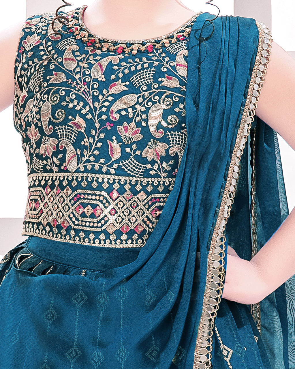 Girls Ethnic Wear Lehenga Choli Set with Intricate Embroidery & Sequins - Teal Blue