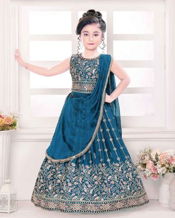 Girls Ethnic Wear Lehenga Choli Set with Intricate Embroidery & Sequins - Teal Blue