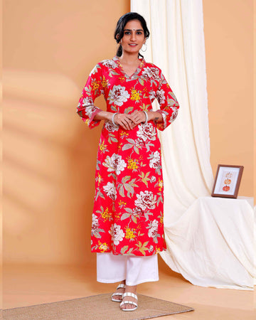 Print Straight Kurta with V-Neck and 3/4th Sleeves - Red