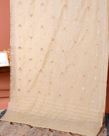 Elegant Linen Cotton Saree with Floral Embroidered and Tasselled Pallu - Sandal