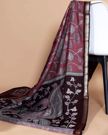 Elegant Semi Chanderi Saree with Traditional Kalamkari Handcrafted Motifs and Intricate Zari Border - Light Maroon