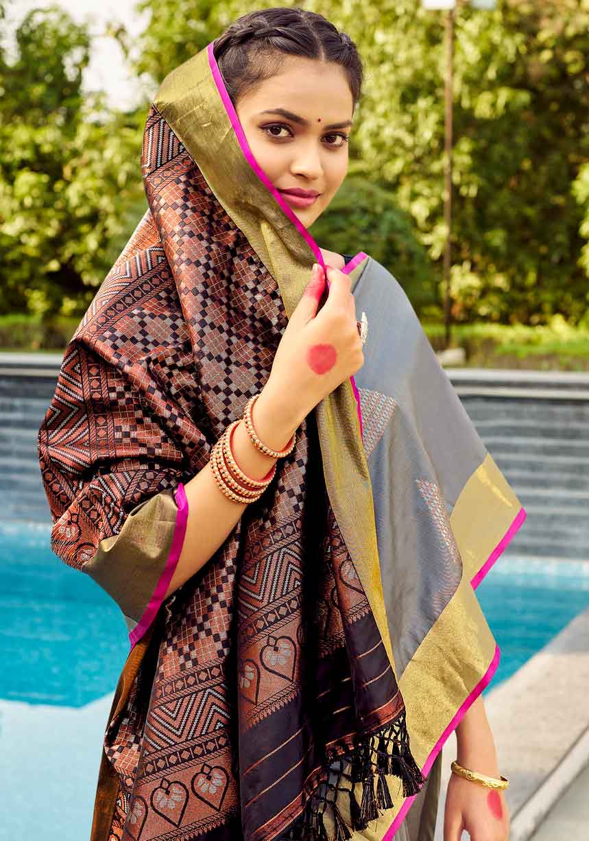 Ethnic Thread Design Soft Silk Saree - Grey