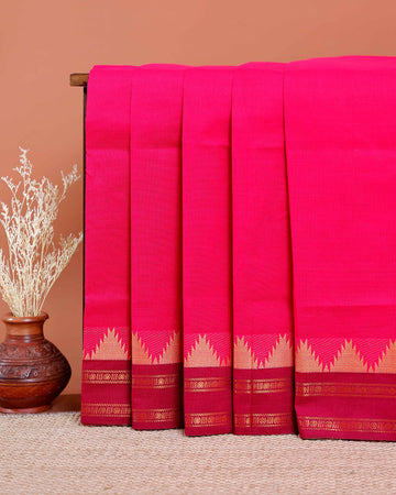 Traditional Chettinad Cotton Saree with Temple Border - Magenta