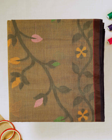 Brown Floral Printed Bengal Cotton Saree