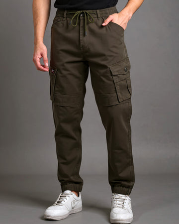 Men’s Tapered Fit Cargo Pant with Drawstring Waist and Multiple Utility Pockets  - Dark Brown