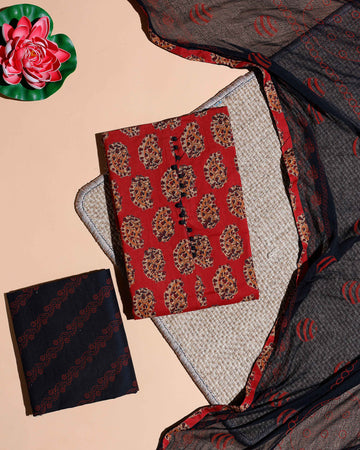 Women's Paisley Printed Cotton Salwar Material with Coordinated Bottom and Elegant Printed Dupatta - Red