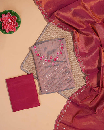 Elegant Unstitched Salwar Material with Floral Embroidery & Sequin Work - Copper