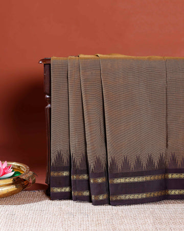 Chettinad Handloom Cotton Saree with Traditional Temple Border and Striped Body - Green