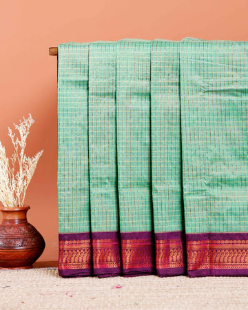 Traditional Kalyani Cotton Saree with All-Over Checks and Ornate Zari Pallu and Border - Green