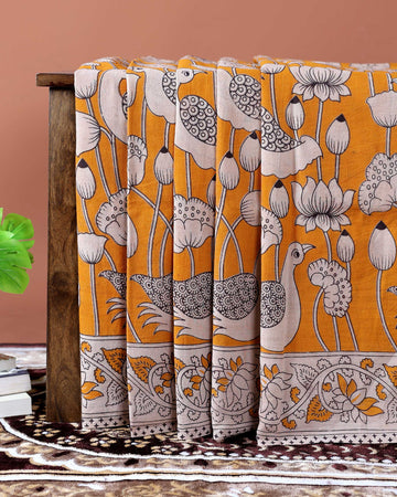 Traditional Handloom Kalamkari Cotton Saree with Avian & Lotus Motifs - Yellow