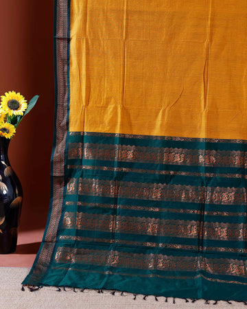 Traditional Handloom Kalyani Cotton Saree with Intricate Zari Border and Pallu - Yellow