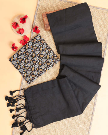 Handwoven Khadi Cotton Saree with Contrast Printed Blouse and Tassel Accents - Dark Grey