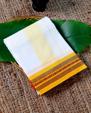 Men’s Cotton Dhoti with Multi Colour Border - White