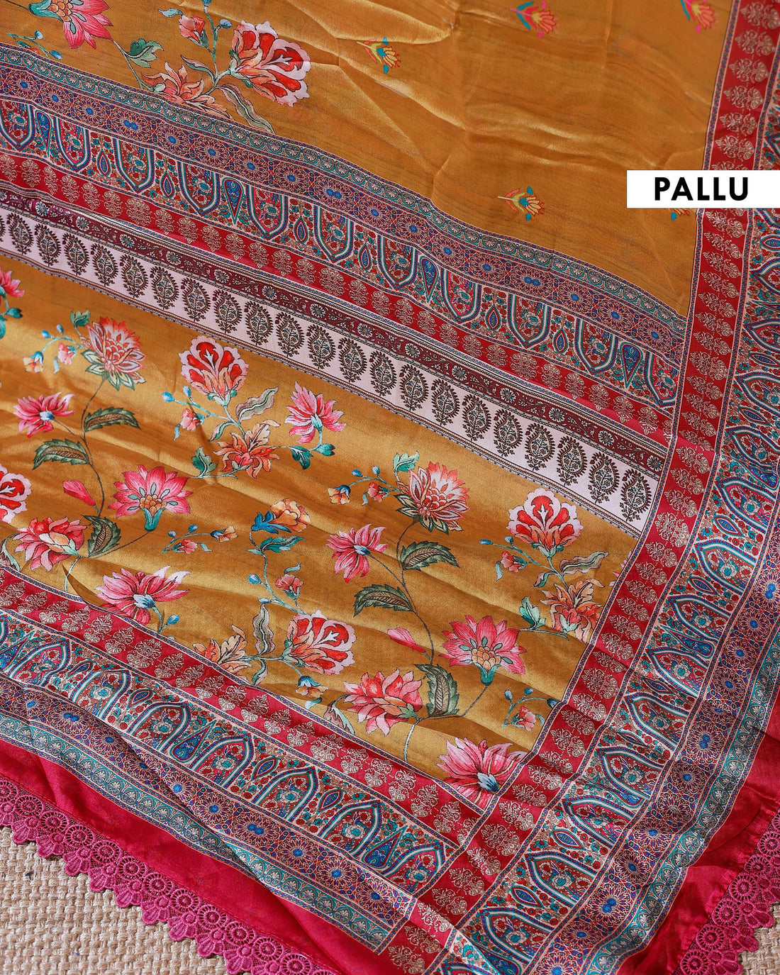 Elegant Georgette Saree with Intricate Floral Embroidery and Traditional Patterned Border - Mustard