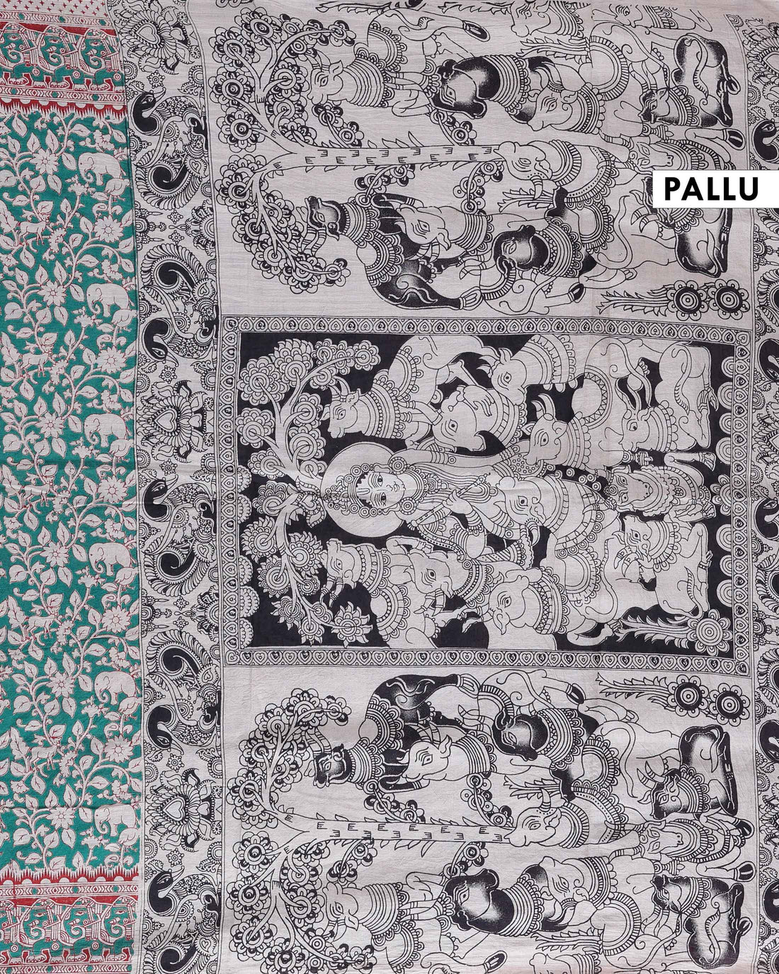 Traditional Hand-Painted Kalamkari Cotton Saree with Elephant & Floral Motifs - Green