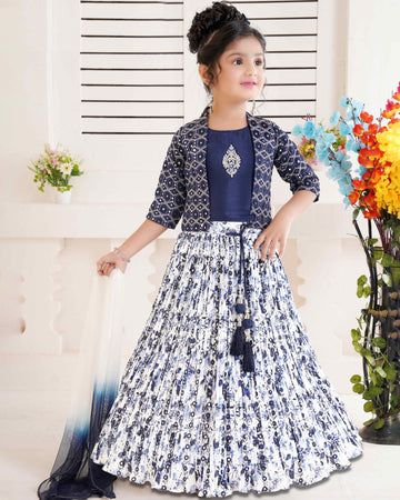 Girls Kids Ethnic Wear Lehenga Choli Set with Embellished Choli and Printed Skirt with Dupatta - Blue