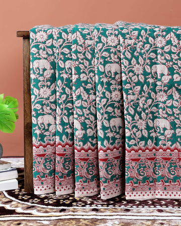 Traditional Hand-Painted Kalamkari Cotton Saree with Elephant & Floral Motifs - Green