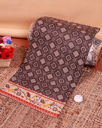 All-Over Floral Printed Voile Saree with Intricate Contrast Border – Brown