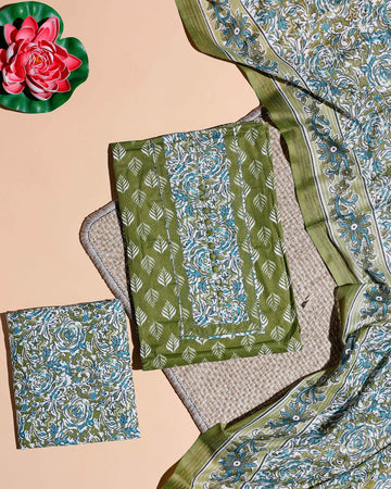 Women's Hand Block Print Cotton Salwar Material with Floral and Leaf Motifs & Complementary Dupatta - Green