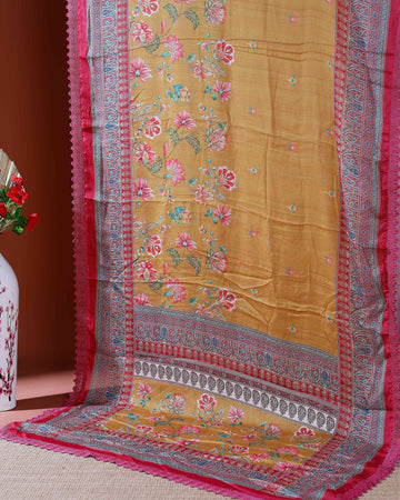 Elegant Georgette Saree with Intricate Floral Embroidery and Traditional Patterned Border - Mustard