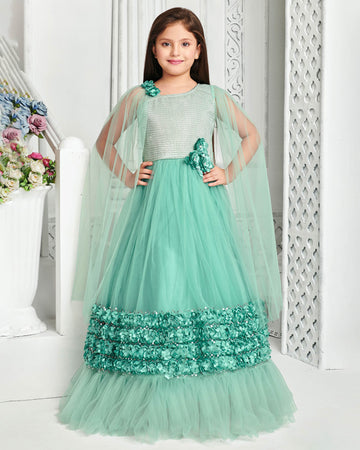 Green Colored Embroidery And Embellishments Work Frock