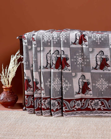 Traditional Handloom Kalamkari Cotton Saree with Intricate Floral and Avian Motifs - Grey