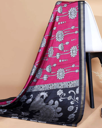 Elegant Semi Chanderi Saree with Traditional Kalamkari Handcrafted Motifs and Intricate Zari Border - Pink