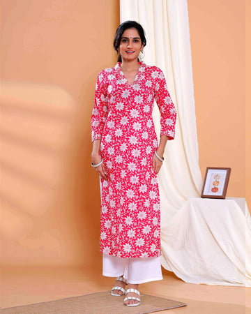 Floral Printed Straight Kurta with V-Neck and 3/4th Sleeves - Red