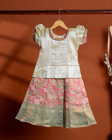 Kids Traditional Readymade Pattu Pavadai Set with Puff Sleeve Blouse and Brocade Floral Silk Skirt - Green