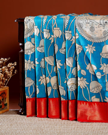 Traditional Mangalagiri Kalamkari Cotton Saree with Intricate Floral and Avian Motifs - Blue