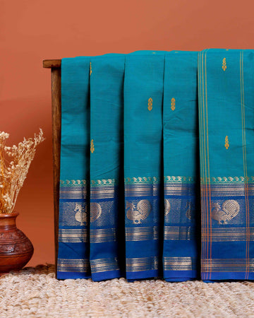 Handloom Chettinad Cotton Saree with Butta Weaves, Zari Peacock Motif Border and Contrast Pallu - Teal