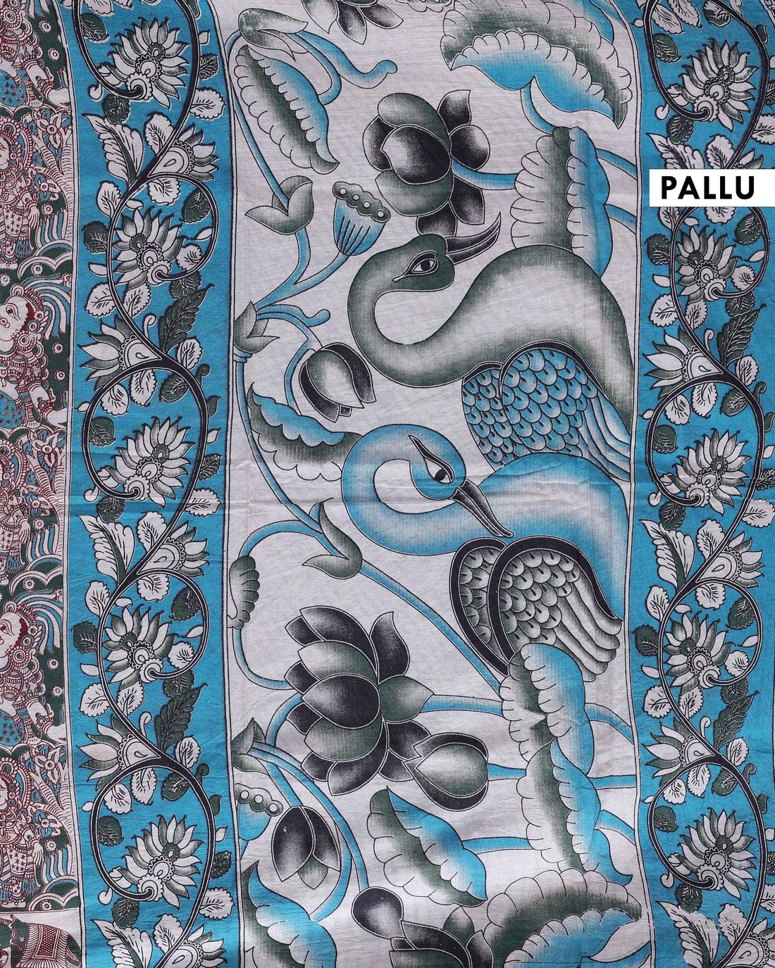 Traditional Hand-Painted Kalamkari Cotton Saree with Elephant & Floral Motifs - Dark Green