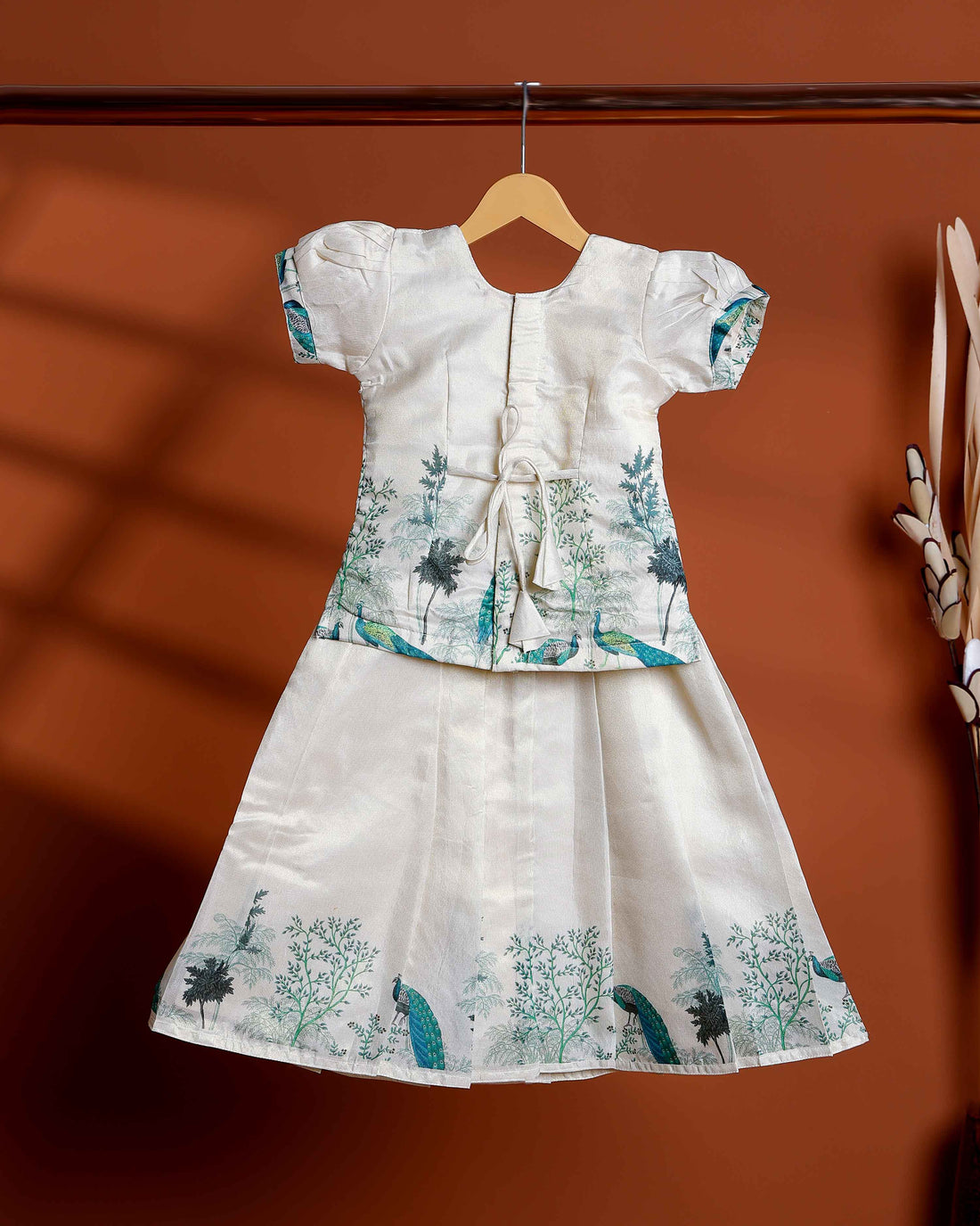 Kids Readymade Pattu Pavadai Set with Puff Sleeve Blouse and Printed Skirt - Cream