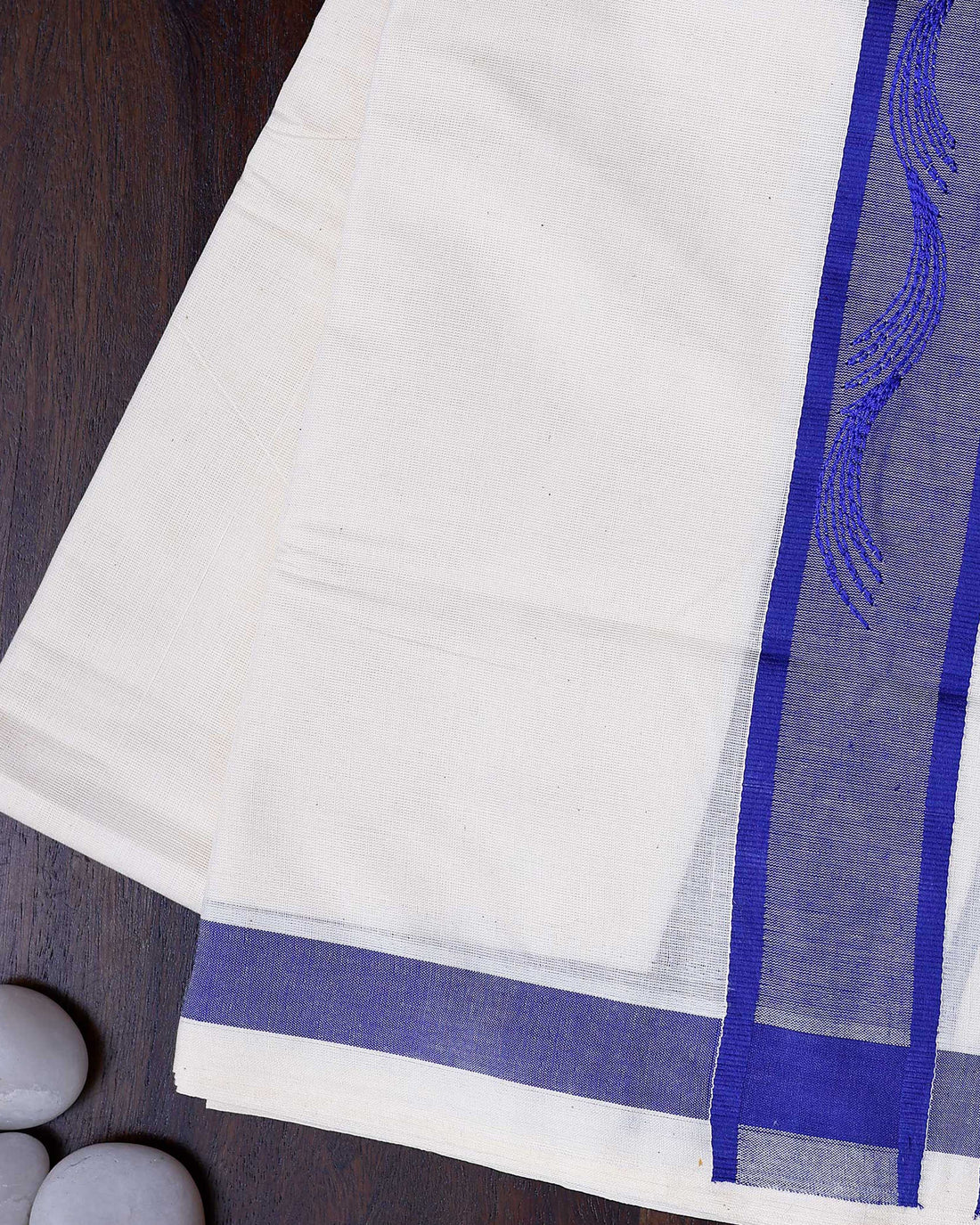 Men's Traditional Handwoven Cotton Dhoti with Blue Border and Elegant Finish - White