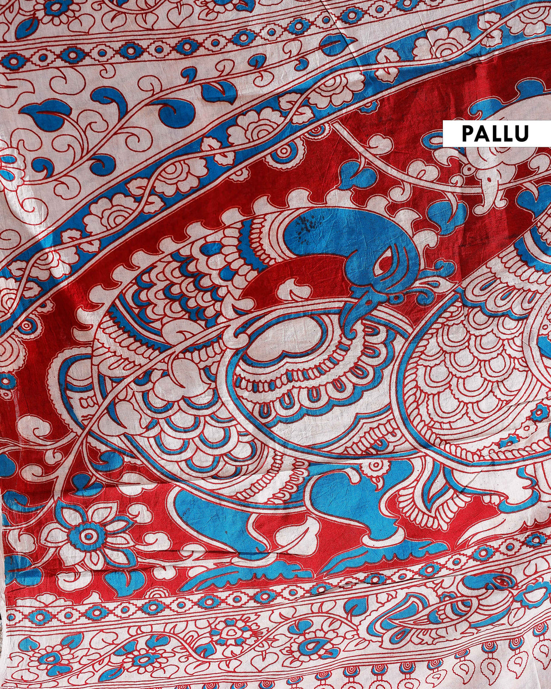 Traditional Handloom Kalamkari Cotton Saree with Intricate Floral and Avian Motifs - Blue