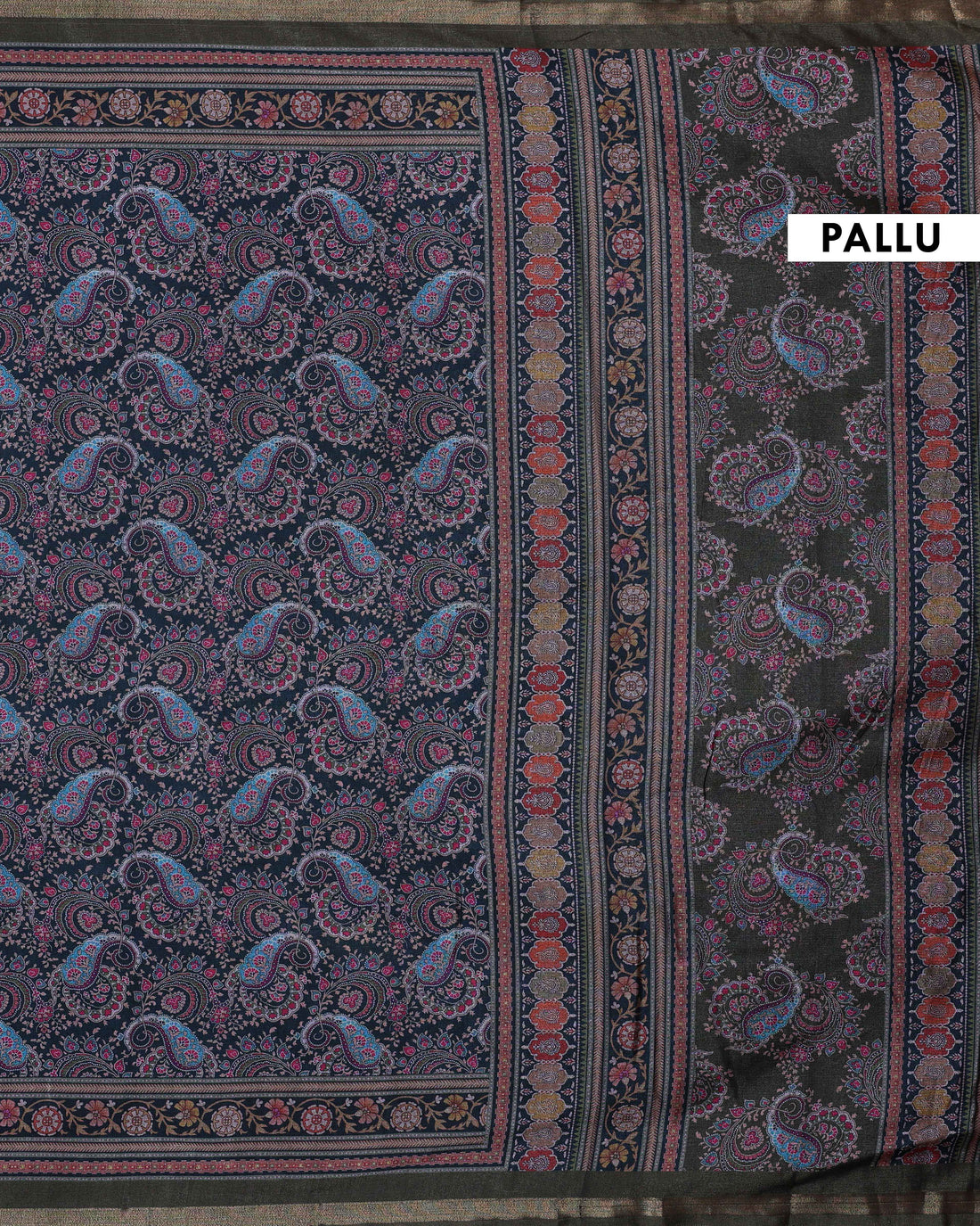 Ethnic Navy Blue Semi Chanderi Saree with Multi-color Paisley and Floral Design