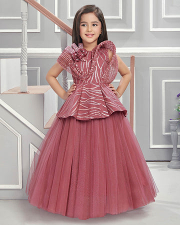 Girls Embellished Net Frock with Peplum-Style Bodice and Flared Skirt - Pink