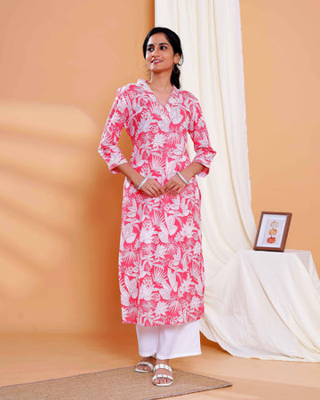 Floral Printed Straight Kurta with V-Neck and 3/4th Sleeves - Pink
