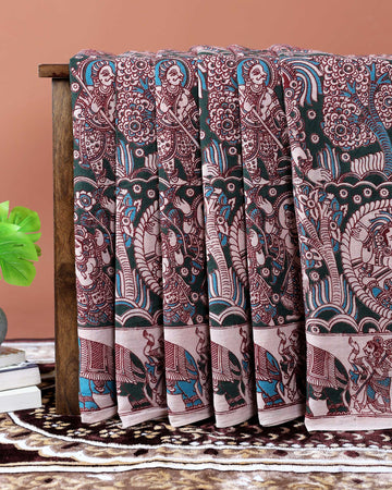 Traditional Hand-Painted Kalamkari Cotton Saree with Elephant & Floral Motifs - Dark Green