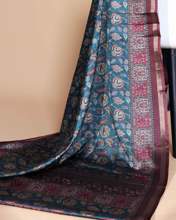 Teal Art Silk Saree with Intricate Floral and Geometric Weave Pattern