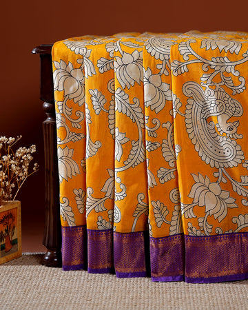 Traditional Mangalagiri Kalamkari Cotton Saree with Intricate Floral and Avian Motifs - Yellow