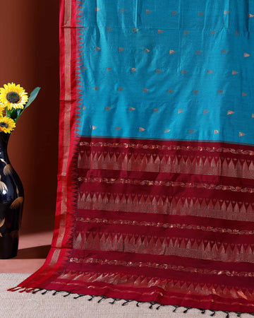Elegant Kalyani Cotton Saree with Traditional Woven Design and Zari Border - Blue