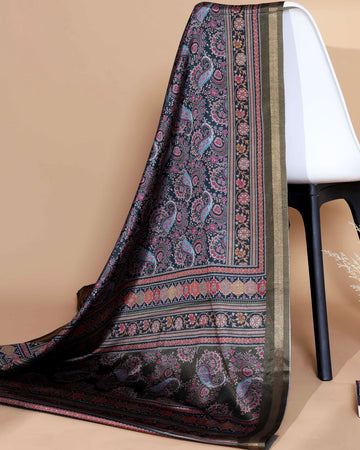 Ethnic Navy Blue Semi Chanderi Saree with Multi-color Paisley and Floral Design