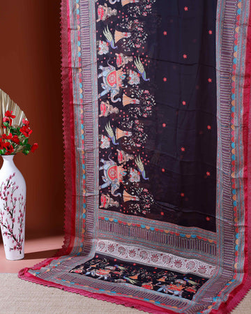 Designer Georgette Saree with Royal Procession Print and Intricately Woven Traditional Border - Black